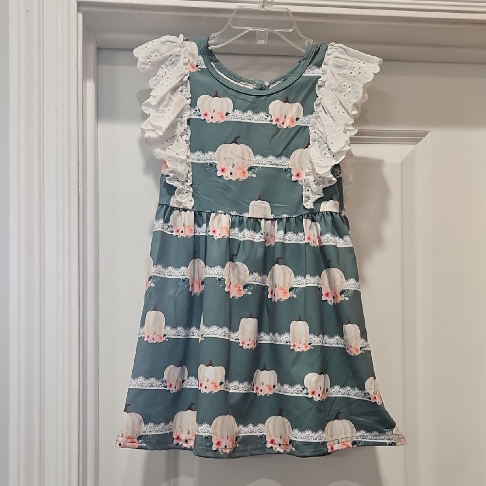 Green and White Pumpkin & Floral Kids Dress